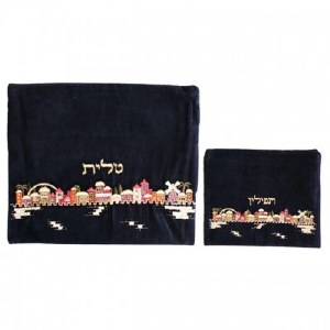 Yair Emanuel Velvet Embroidered Tallit and Tefillin Bag Set - Jerusalem Colored