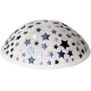 Yair Emanuel Embroidered Kids Kippah White with Blue Stars