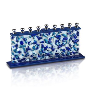 Candle Menorah Handmade Glass Blue Confetti Design