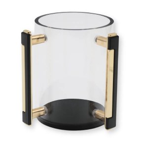 Lucite Round Wash Cup Gold Accent Rectangle Handles Black 5"