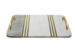Challah Tray Two Tone Marble Designed with Gold Stripes, Handles and Knife