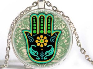 Necklace with Hamsa on Green and Blue Photo Glass Pendant