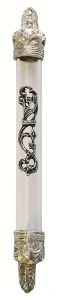 Glass Mezuzah Case Silver Crown Design 15cm
