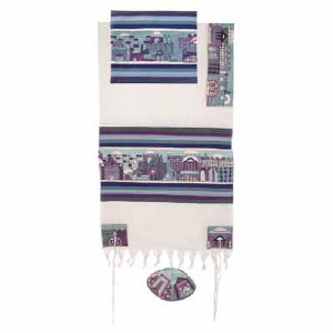 Yair Emanuel Embroidered Cotton Tallit -Jerusalem in Blue TFE-3 61" X 77"