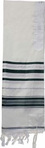 Wool Tallis Designed with Green and Silver Stripes 24" x 72"