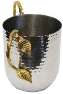 Hammered Wash Cup Stainless Steel With Gold Handles and Leaves