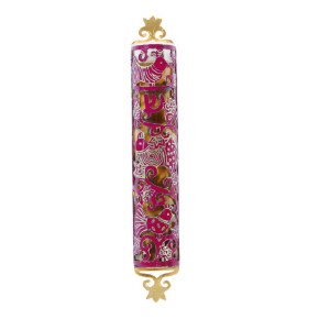 Yair Emanuel Laser Cut Hand Painted Mezuzah Large Birds Maroon 12cm