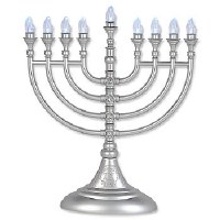 Electric Menorah Cordless LED Traditional Silver Crystal-Flake Finish with Blue Bulbs