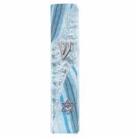 Glass Mezuzah Case Wave Design Magen David Accent Blue 9cm