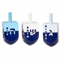 Wood Dreidels Handpainted Colorblock Design Large Size Blue 3 Pack
