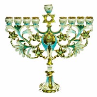 Candle Menorah Enamel Bejeweled Turquoise Flowered Magen David Branches 7"