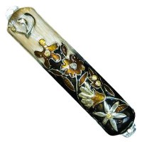 Mezuzah Case Jeweled Enamel Brown Floral Design 10cm