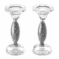 Candlesticks Crystal Bulging Stem Filled with Silvery Stones 7.5"