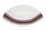 White Frik Kippah with Red and Gray Border 21cm