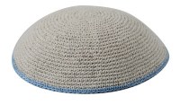 Knitted Kippah Tan with Light Blue Border