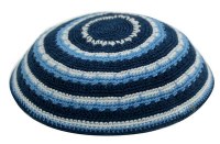 Black Blue and White Striped Fine Knitted Kippah Serugah 16cm - A11