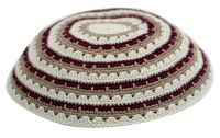 Beige Brown and White Striped Fine Knitted Kippah Serugah 16cm