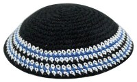 Black with Blue and White Designs Knitted Kippah Serugah 16cm