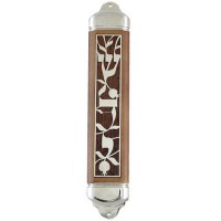Light Brown Wooden Mezuzah Case with Metal Plate Design - 15cm