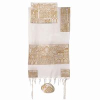 Yair Emanuel Completely Embroidered Tallit - Jerusalem in Gold 18" x77"