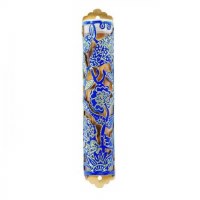 Yair Emanuel Laser Cut Hand Painted Mezuzah Large Birds Blue