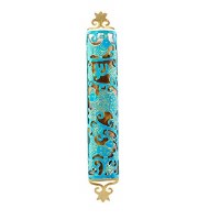 Yair Emanuel Laser Cut Hand Painted Mezuzah Large Birds Turquoise 12cm