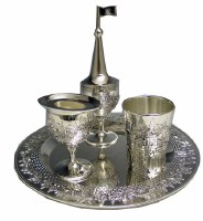 Havdalah Set Nickel Plated 4 Pieces Designed with Engraved Jerusalem Scene Design