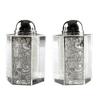Crystal Salt and Pepper Shaker Set Silver Colored Laser Cut Metal Plaque Swirl Design
