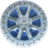 Shana Tova Simanim Plate Blue Pomegranate Design 14 inches