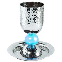 Yair Emanuel Judaica Silvered Hammered Kiddush Cup and Plate Turquoise