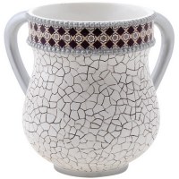 Polyresin White Washing Cup with Abstract Cracked Design and Colored Rim