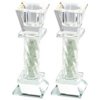 Crystal Candlesticks Square Base and Cups with Stone Filled Stem 4.5"