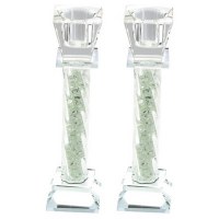 Crystal Candlesticks Square Base and Cups with Stone Filled Stem 6"