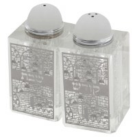 Crystal Salt and Pepper Shaker Set Silver Colored Laser Cut Metal Plaque Jerusalem Motif Square