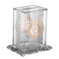 Crystal Tzedakah Box Accented with  Intricate Designed Silver Plates 4.5"
