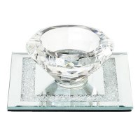Crystal Single Candlestick with Square Mirror Base Crushed Glass Design