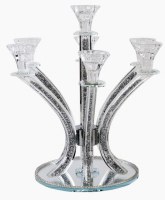 Crystal Candelabra 7 Branches Silver Stones in Stems Round Mirror Base 14"