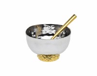 Stainless Steel Salt Dish with Spoon Gold Color Herringbone Base Design