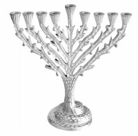 Aluminum Candle Menorah Silvertone Hammered Tree of Life Design