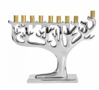 Aluminum Candle Menorah Silvertone Tree of Life Design Gold Tips