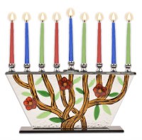 Glass Candle Menorah Hand Crafted Tree of Life Theme Branch and Flowers Design 10"