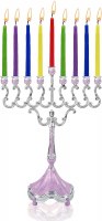 Silver Plated Candle Menorah Marbelized Design Purple 8.5" x 7"