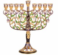 Metal Candle Menorah Enamel Jeweled Tree Of Life Theme 8"