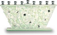 Glass Candle Menorah Hand Crafted Shattered Glass Design White