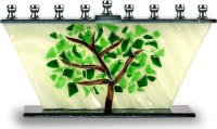 Glass Candle Menorah Hand Crafted Tree of Life Shattered Leaves Design Green
