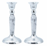Hammered Nickel Candlesticks White Marbleized 7"