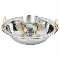 Stainless Steel  Wash Cup and Bowl Set Hammered Design Gold Leaf Handles