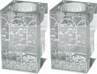 Crystal Square Candlesticks with Exquisite Metal Cutout Silver Color Jerusalem Design