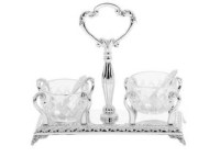 Silver Plated Salt and Pepper Dish Crystal Bowls with Middle Stem on Legs 6"