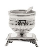 Silver Plated Salt Dish with Spoon on Legs Dotted Design 3"